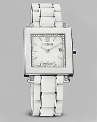 Fendi white ceramic Quardro watch with diamonds. A Swiss made timepiece with polished ten micron stainless steel case with ceramic bezel. Ceramic link strap with buckle. Dial has eight diamonds and sapphire crystal. Water resistant to 5 ATM (165ft/50 meters). Swiss made quartz chronograph movement. Fendi white ceramic Quardro watch with diamonds. A Swiss made timepiece with polished ten micron stainless steel case with ceramic bezel. Ceramic link strap with buckle. Dial has eight diamonds and sapphire crystal. Water resistant to 5 ATM (165ft/50 meters). Swiss made quartz chronograph movement.