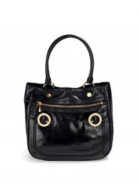 THE LOOKTubular leather double top handlesMagnetic top closureOne outside zip pocket with tassel pull and logo charmGoldtone round buckles at sidesBack magnetic top compartmentProtective metal feetOne inside zip pocketTwo inside open pocketsInside logo detailTHE MEASUREMENTDouble top handles, 8 drop12W X 12H X 5DTHE MATERIALLeatherFully linedORIGINImported THE LOOKTubular leather double top handlesMagnetic top closureOne outside zip pocket with tassel pull and logo charmGoldtone round buckles at sidesBack magnetic top compartmentProtective metal feetOne inside zip pocketTwo inside open pocketsInside logo detailTHE MEASUREMENTDouble top handles, 8 drop12W X 12H X 5DTHE MATERIALLeatherFully linedORIGINImported