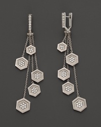 Cascading hexagon's glamorously frame the face in India Hicks' sterling silver and diamond drop earrings. Cascading hexagon's glamorously frame the face in India Hicks' sterling silver and diamond drop earrings.