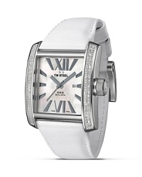 Diamonds lend luxe shine to this classic watch from TW Steel with mother of pearl dial and leather strap. Diamonds lend luxe shine to this classic watch from TW Steel with mother of pearl dial and leather strap.