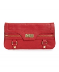 A posh silhouette with just a hint of edge. See and be seen in this sleek clutch by Olivia and Joy featuring shiny goldtone hardware and oversized studs for look that will stun both day and night. A posh silhouette with just a hint of edge. See and be seen in this sleek clutch by Olivia and Joy featuring shiny goldtone hardware and oversized studs for look that will stun both day and night.