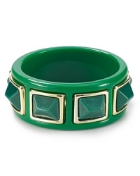 Styled as a bright, bold statement, this resin Kenneth Jay Lane bracelet features pyramid stations, rimmed in gleaming 22-karat gold. Styled as a bright, bold statement, this resin Kenneth Jay Lane bracelet features pyramid stations, rimmed in gleaming 22-karat gold.