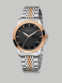 From the G-Timeless Collection. A two-tone design with a black diamond pattern dial and a stainless steel link and pink gold PVD bracelet.Swiss quartz movementWater resistant to 5 ATMRound stainless steel case, 38mm (1.5)Smooth pink gold PVD bezelBlack diamond pattern dial with markersDate display at 4 o'clockSecond handStainless steel and pink gold PVD link braceletMade in Switzerland From the G-Timeless Collection. A two-tone design with a black diamond pattern dial and a stainless steel link and pink gold PVD bracelet.Swiss quartz movementWater resistant to 5 ATMRound stainless steel case, 38mm (1.5)Smooth pink gold PVD bezelBlack diamond pattern dial with markersDate display at 4 o'clockSecond handStainless steel and pink gold PVD link braceletMade in Switzerland