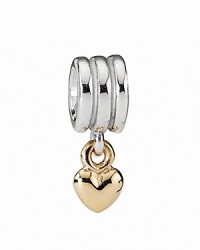 A 14K gold heart dangles from a shiny sterling silver ring. Charm by PANDORA. A 14K gold heart dangles from a shiny sterling silver ring. Charm by PANDORA.