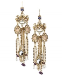 The royal treatment. Betsey Johnson's linear earrings, crafted from gold-tone mixed metal with colorful crystal accents and multiple chains-as well as a gold-tone mirror-are a crowning achievement in style. Approximate drop: 1-1/2 inches. The royal treatment. Betsey Johnson's linear earrings, crafted from gold-tone mixed metal with colorful crystal accents and multiple chains-as well as a gold-tone mirror-are a crowning achievement in style. Approximate drop: 1-1/2 inches.