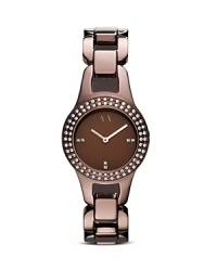 Taking its style cues from the jewel box, this watch from Armani Exchange is clock-in chic. If low profile, this ticker's inset crystals and tonal face lend fashion-forward flair. Taking its style cues from the jewel box, this watch from Armani Exchange is clock-in chic. If low profile, this ticker's inset crystals and tonal face lend fashion-forward flair.