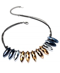 Diamond designs offer a luxe necklace from c.A.K.e. by Ali Khan. The faceted glass rondelles boast playful color, while the multi-chains shine in triple tones. Crafted in jet, silver and hematite tone mixed metal. Approximate length: 16 inches + 3-inch extender. Approximate drop: 1-1/4 inches. Diamond designs offer a luxe necklace from c.A.K.e. by Ali Khan. The faceted glass rondelles boast playful color, while the multi-chains shine in triple tones. Crafted in jet, silver and hematite tone mixed metal. Approximate length: 16 inches + 3-inch extender. Approximate drop: 1-1/4 inches.