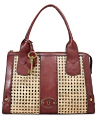 Made with unique natural bamboo caning and trimmed in sumptuous leather, this classic satchel silhouette from Fossil has an unmistakable '70s-inspired vibe. Spacious interior with plenty of compartments holds your day-to-day necessities with ease. Made with unique natural bamboo caning and trimmed in sumptuous leather, this classic satchel silhouette from Fossil has an unmistakable '70s-inspired vibe. Spacious interior with plenty of compartments holds your day-to-day necessities with ease.
