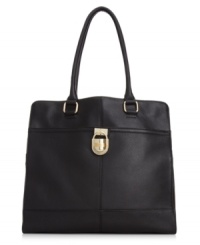 Elegant and understated but big on style, this city-sleek silhouette from Calvin Klein epitomizes exquisite accessorizing. Crafted from sumptuous leather with golden detailing, it's ideal for the lady about town. Elegant and understated but big on style, this city-sleek silhouette from Calvin Klein epitomizes exquisite accessorizing. Crafted from sumptuous leather with golden detailing, it's ideal for the lady about town.
