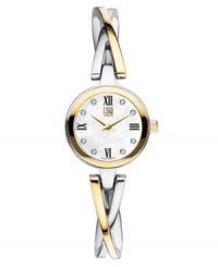 A twist of fashion with added sparkle, by ESQ by Movado. Goldtone & silvertone stainless steel bracelet and round case. Goldtone bezel. White mother of pearl dial with logo, roman numerals and diamond accents at indices. Quartz movement. Water resistant to 30 meters. Two-year limited warranty. A twist of fashion with added sparkle, by ESQ by Movado. Goldtone & silvertone stainless steel bracelet and round case. Goldtone bezel. White mother of pearl dial with logo, roman numerals and diamond accents at indices. Quartz movement. Water resistant to 30 meters. Two-year limited warranty.