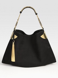 Nubuck design finished with a polished chain strap and tassel detail.Shoulder strap, 6 dropTop snap closureOne inside zip pocketTwo inside open pocketsNatural linen lining17½W X 10½H X 1DMade in Italy Nubuck design finished with a polished chain strap and tassel detail.Shoulder strap, 6 dropTop snap closureOne inside zip pocketTwo inside open pocketsNatural linen lining17½W X 10½H X 1DMade in Italy