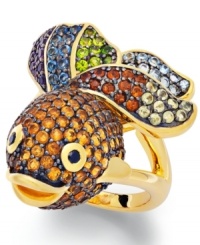 Make a splash in this statement maker. A playful fish adorns a 14k gold-plated band and sparkles in round-cut citrine (1-9/10 ct. t.w.), amethyst (1/6 ct. t.w.), London blue topaz (1/5 ct. t.w.), chrome diopside (1/6 ct. t.w.), madera citrine (1/5 ct. t.w.), Swiss blue topaz (3/8 ct. t.w.) and peridot (1/5 ct. t.w.) with black spinel accents. Size 7. Make a splash in this statement maker. A playful fish adorns a 14k gold-plated band and sparkles in round-cut citrine (1-9/10 ct. t.w.), amethyst (1/6 ct. t.w.), London blue topaz (1/5 ct. t.w.), chrome diopside (1/6 ct. t.w.), madera citrine (1/5 ct. t.w.), Swiss blue topaz (3/8 ct. t.w.) and peridot (1/5 ct. t.w.) with black spinel accents. Size 7.