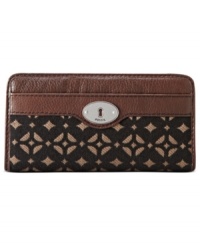 Signature jacquard with vintage-inspired hardware gives this chic zip clutch from Fossil a classic yet contemporary look. Slip it in your handbag or wear it on its own, for a stylish way to stay organized. Signature jacquard with vintage-inspired hardware gives this chic zip clutch from Fossil a classic yet contemporary look. Slip it in your handbag or wear it on its own, for a stylish way to stay organized.