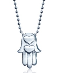 A shining silver heart-stamped Hamsa hand pendant necklace from Alex Woo. A shining silver heart-stamped Hamsa hand pendant necklace from Alex Woo.