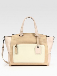 A colorblocked leather style in a soft, roomy frame; perfect for all your essentials.Double top handles, 6½ dropDetachable shoulder strap, 15½ dropTop zip closureProtective metal feetOne outside zip pocketThree outside open pocketsOne inside zip pocketTwo inside open pocketsCotton lining14½W X 12½H X 6DImported A colorblocked leather style in a soft, roomy frame; perfect for all your essentials.Double top handles, 6½ dropDetachable shoulder strap, 15½ dropTop zip closureProtective metal feetOne outside zip pocketThree outside open pocketsOne inside zip pocketTwo inside open pocketsCotton lining14½W X 12½H X 6DImported