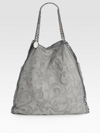 An embossed faux suede style with faux leather whipstitching and shiny link chain trim that follows the brand's vegetarian initiatives.Double chain shoulder straps, 10 dropMagnetic snap closureOne inside zip pocketOne inside open pocketOne zip pouchFully lined17W X 16½H X 4½DMade in Italy An embossed faux suede style with faux leather whipstitching and shiny link chain trim that follows the brand's vegetarian initiatives.Double chain shoulder straps, 10 dropMagnetic snap closureOne inside zip pocketOne inside open pocketOne zip pouchFully lined17W X 16½H X 4½DMade in Italy