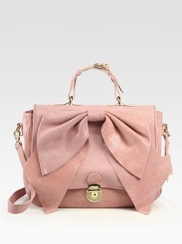 Ultra-sleek calfskin, accentuated with a chic oversized bow on the front flap.Adjustable top handle, 4¼-5 dropRemovable shoulder strap, 16 dropFlap-lock closureOne inside zip pocketCotton lining13W X 11¼H X 4DMade in Italy Ultra-sleek calfskin, accentuated with a chic oversized bow on the front flap.Adjustable top handle, 4¼-5 dropRemovable shoulder strap, 16 dropFlap-lock closureOne inside zip pocketCotton lining13W X 11¼H X 4DMade in Italy