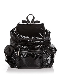 Go for daytime glam with LeSportsac's backpack in glossy black patent nylon. Go for daytime glam with LeSportsac's backpack in glossy black patent nylon.