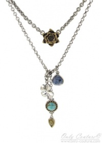 Lucky Brand Double Layered Necklace, Silver & Gold Tone Flower and Four-Leaf-Clover Charms with Turquoise Semi Precious Accents Lucky Brand Double Layered Necklace, Silver & Gold Tone Flower and Four-Leaf-Clover Charms with Turquoise Semi Precious Accents