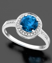 Stately in its simplicity, this 14k white gold ring features round-cut blue topaz (1-5/8 ct. t.w.) and round-cut diamond (1/8 ct. t.w.). Stately in its simplicity, this 14k white gold ring features round-cut blue topaz (1-5/8 ct. t.w.) and round-cut diamond (1/8 ct. t.w.).