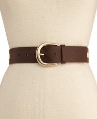 This MICHAEL Michael Kors belt brings an unexpected touch with colorblocked pebble leather and a horseshoe buckle. This MICHAEL Michael Kors belt brings an unexpected touch with colorblocked pebble leather and a horseshoe buckle.