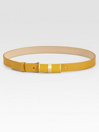 A shiny goldtone buckle accents this bright, beautiful, supple calfskin leather belt.About 1 wideImported A shiny goldtone buckle accents this bright, beautiful, supple calfskin leather belt.About 1 wideImported