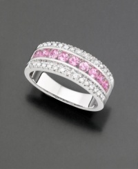 Pure feminine beauty. This band ring boasts round-cut pink sapphires (9/10 ct. t.w.) and sparkling diamond accents set in 14k white gold. Pure feminine beauty. This band ring boasts round-cut pink sapphires (9/10 ct. t.w.) and sparkling diamond accents set in 14k white gold.