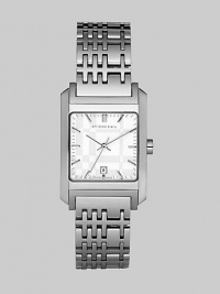 Familiar Burberry checks are subtly designed into the bracelet of this elegant stainless steel watch with a silver dial.Quartz movement Water-resistant to 5ATM Smooth bezel Square stainless steel case; 26 mm (.98) X 29 mm (1.14) Silver sunray textured dial Bar hour markers Date display at 6:00 Second hand Stainless steel link bracelet in check pattern; 16mm wide (.63) Made in Switzerland Familiar Burberry checks are subtly designed into the bracelet of this elegant stainless steel watch with a silver dial.Quartz movement Water-resistant to 5ATM Smooth bezel Square stainless steel case; 26 mm (.98) X 29 mm (1.14) Silver sunray textured dial Bar hour markers Date display at 6:00 Second hand Stainless steel link bracelet in check pattern; 16mm wide (.63) Made in Switzerland