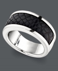 Make a bold statement in genuine, black alligator skin. Men's ring crafted in sterling silver. Sizes 8-12. Make a bold statement in genuine, black alligator skin. Men's ring crafted in sterling silver. Sizes 8-12.