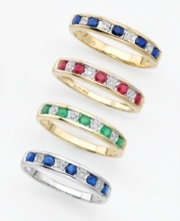 Wear it alone or stack a few rings for an instant dose of sophistication! Round-cut sapphires (3/8 ct. t.w.) and sparkling diamond accents are set in 14k gold. Wear it alone or stack a few rings for an instant dose of sophistication! Round-cut sapphires (3/8 ct. t.w.) and sparkling diamond accents are set in 14k gold.