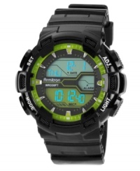 Reliable with an LCD display, this Armitron sport watch features lime green accents for subtle cool. Reliable with an LCD display, this Armitron sport watch features lime green accents for subtle cool.