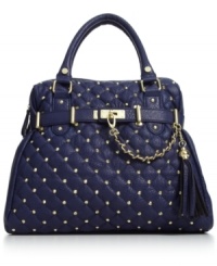 Elegance with an edge. Golden studs and chain-link detail give this classic satchel silhouette from Steve Madden rocker-chic appeal. Pocket-lined and perfectly sized, it's poised to meet your daily demands. Elegance with an edge. Golden studs and chain-link detail give this classic satchel silhouette from Steve Madden rocker-chic appeal. Pocket-lined and perfectly sized, it's poised to meet your daily demands.