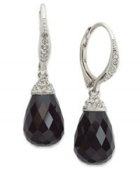 Add elegance with Eliot Danori's exquisite briolette-shaped drop earrings. Crafted in rhodium-plated brass, a gorgeous jet cubic zirconia (7 ct. t.w.) hangs from a leverback accented with crystals. Approximate drop: 5/8 inch. Add elegance with Eliot Danori's exquisite briolette-shaped drop earrings. Crafted in rhodium-plated brass, a gorgeous jet cubic zirconia (7 ct. t.w.) hangs from a leverback accented with crystals. Approximate drop: 5/8 inch.