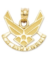 Honor a courageous member of the U.S. Air Force with this symbolic charm. Crafted in 14k gold, charm features a textured and polished design. Chain not included. Approximate length: 3/5 inch. Approximate width: 3/5 inch. Honor a courageous member of the U.S. Air Force with this symbolic charm. Crafted in 14k gold, charm features a textured and polished design. Chain not included. Approximate length: 3/5 inch. Approximate width: 3/5 inch.