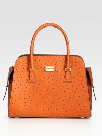 Luxurious ostrich-embossed leather defines this impeccably structured bag, finished with easy top handles.Double top handles, 4 dropTop zip closureTwo outside buckled flap pocketsProtective metal feetOne inside zip pocketTwo inside open pocketsLeather lining13W X 10H X 6DImported Luxurious ostrich-embossed leather defines this impeccably structured bag, finished with easy top handles.Double top handles, 4 dropTop zip closureTwo outside buckled flap pocketsProtective metal feetOne inside zip pocketTwo inside open pocketsLeather lining13W X 10H X 6DImported