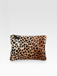 Exotic haircalf adds an air of sophistication to this simple, utilitarian design.Top zipper11½W X 7¾H X ½DMade in USA Exotic haircalf adds an air of sophistication to this simple, utilitarian design.Top zipper11½W X 7¾H X ½DMade in USA