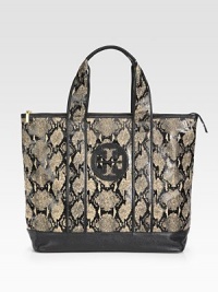 Laminated snake-print burlap trimmed with rich leather in a signature carryall.Double top handles, 6 dropTop zip closureProtective metal feetOne inside zip pocketTwo inside open pocketsCotton lining19½W X 14½H X 5½DImported Laminated snake-print burlap trimmed with rich leather in a signature carryall.Double top handles, 6 dropTop zip closureProtective metal feetOne inside zip pocketTwo inside open pocketsCotton lining19½W X 14½H X 5½DImported