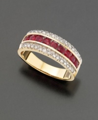 This band ring boasts round-cut rubies (9/10 ct. t.w.) and sparkling round-cut diamond accents. Set in 14k gold. This band ring boasts round-cut rubies (9/10 ct. t.w.) and sparkling round-cut diamond accents. Set in 14k gold.