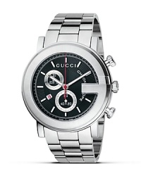 A stainless bracelet watch from the Gucci G Chrono collection. Round black guilloché chronoscope dial with stick hour indices. Red sweep second hand and date window. Triple blade deployment buckle. A stainless bracelet watch from the Gucci G Chrono collection. Round black guilloché chronoscope dial with stick hour indices. Red sweep second hand and date window. Triple blade deployment buckle.