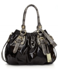 Cinched to perfection, this glossy satchel from Marc Fisher is the one season accessory you can't do without. Glam golden hardware and delicate stud detailing adorn the outside, while the spacious interior provides pockets and compartments for all the essentials. Cinched to perfection, this glossy satchel from Marc Fisher is the one season accessory you can't do without. Glam golden hardware and delicate stud detailing adorn the outside, while the spacious interior provides pockets and compartments for all the essentials.