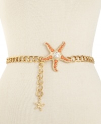 Bring the fresh look of the tropics to you with this whimsical chain belt from Kenneth Jay Lane. With a coral stone-topped starfish charm, you'll feel the cool breeze everywhere you go. Bring the fresh look of the tropics to you with this whimsical chain belt from Kenneth Jay Lane. With a coral stone-topped starfish charm, you'll feel the cool breeze everywhere you go.