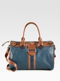 A luxurious blend of stamped leather, snake embossed leather, smooth leather and metallic leather in a chic colorblock design.Double top handles, 6 dropAdjustable shoulder strap, 18-19½ dropTop zip closureProtective metal feetOne inside zip pocketTwo inside open pocketsCotton lining15W X 9H X 7DImported A luxurious blend of stamped leather, snake embossed leather, smooth leather and metallic leather in a chic colorblock design.Double top handles, 6 dropAdjustable shoulder strap, 18-19½ dropTop zip closureProtective metal feetOne inside zip pocketTwo inside open pocketsCotton lining15W X 9H X 7DImported