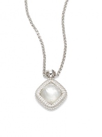 THE LOOKMother-of-Pearl detail .16 tcw diamond accents Rhodium-plated sterling silver settingLobster claspTHE MEASUREMENTPendant width, about 1Pendant length, about 1Length, about 16-18ORIGINImported THE LOOKMother-of-Pearl detail .16 tcw diamond accents Rhodium-plated sterling silver settingLobster claspTHE MEASUREMENTPendant width, about 1Pendant length, about 1Length, about 16-18ORIGINImported