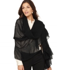Sheer with ruffled edges, this gentle wrap from Style&co. is a versatile layering piece that will leave you feeling elegant. Sheer with ruffled edges, this gentle wrap from Style&co. is a versatile layering piece that will leave you feeling elegant.