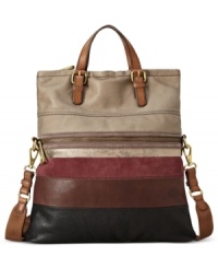 Get a groovy, vintage vibe with this chic take-anywhere tote from Fossil that blends leather, suede and pops of patent for a positively eye-catching effect. Decked out in bold hues and brasstone hardware, it lends a look that's both alluring and laid-back. Get a groovy, vintage vibe with this chic take-anywhere tote from Fossil that blends leather, suede and pops of patent for a positively eye-catching effect. Decked out in bold hues and brasstone hardware, it lends a look that's both alluring and laid-back.