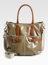 EXCLUSIVELY ONLINE AT SAKS.COM. Sleek glazed canvas trimmed with rich leather and finished with slim buckled straps.Double top handles, 6 drop Removable shoulder strap, 22 drop Snap top closure Two outside open pockets Protective metal feet One inside zip pocket Two inside open pockets Nylon lining 11½W X 12½H X 9D Made in Italy EXCLUSIVELY ONLINE AT SAKS.COM. Sleek glazed canvas trimmed with rich leather and finished with slim buckled straps.Double top handles, 6 drop Removable shoulder strap, 22 drop Snap top closure Two outside open pockets Protective metal feet One inside zip pocket Two inside open pockets Nylon lining 11½W X 12½H X 9D Made in Italy