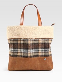 Soft shearling, plaid wool flannel and supple leather come together to create this tactile design.Double top handles, 6½ dropTop zip closureOne inside zip pocketCotton lining13¾W X 14H X 1½DImported Soft shearling, plaid wool flannel and supple leather come together to create this tactile design.Double top handles, 6½ dropTop zip closureOne inside zip pocketCotton lining13¾W X 14H X 1½DImported