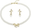 Rhinestone Studded Gold Tone Ribbon Synthetic Pearl Necklace and Earrings Set 3015102