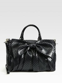 A dramatic bow is at the center of this top-handle bag crafted of faux leather, with patent leather accents and a versatile shoulder strap. Double patent leather top handles, 5 dropAdjustable detachable patent leather shoulder strap, 23¼-25¼ dropTop zip closureProtective metal feetOne inside zip pocketTwo inside open pocketsCotton lining13¼W X 8½H X 6DMade in Italy A dramatic bow is at the center of this top-handle bag crafted of faux leather, with patent leather accents and a versatile shoulder strap. Double patent leather top handles, 5 dropAdjustable detachable patent leather shoulder strap, 23¼-25¼ dropTop zip closureProtective metal feetOne inside zip pocketTwo inside open pocketsCotton lining13¼W X 8½H X 6DMade in Italy