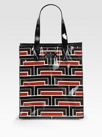 A geometric print adds retro-inspired style to this large tote in glossy patent leather. Double top handles, 8 dropOpen topOne inside zip pocketTwo inside open pocketsCotton lining12½W X 14½H X 5DMade in Italy A geometric print adds retro-inspired style to this large tote in glossy patent leather. Double top handles, 8 dropOpen topOne inside zip pocketTwo inside open pocketsCotton lining12½W X 14½H X 5DMade in Italy